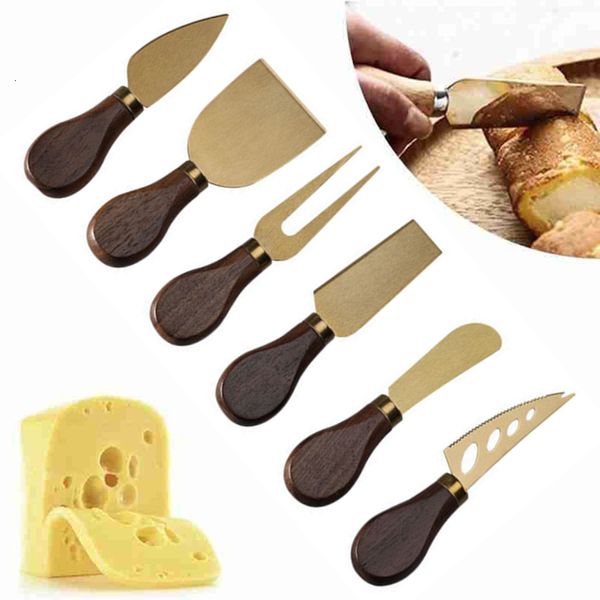 Outils à fromage 6pcsset couteaux en acier inoxydable manche en bois de noyer pain gâteau Pizza Cutter beurre spatule cuisine 230714