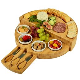 Herramientas para queso, plato de bambú, tablero de madera, juego de cortadores de cubiertos, tablero de charcutería con cajón deslizante para cocinar 230427