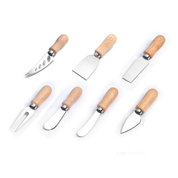 Outils à fromage Manche en bois Couteaux Fourchette Pelle En Acier Inoxydable Épandeur De Beurre Couteau À Fromage Couteau À Pizza Gâteau Fruit Outil LT489