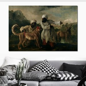 Cheetah met twee Indiase bedienden en een hert realistische handgemaakte canvas kunst George Stubbs schilderij paarden moderne slaapkamer decor