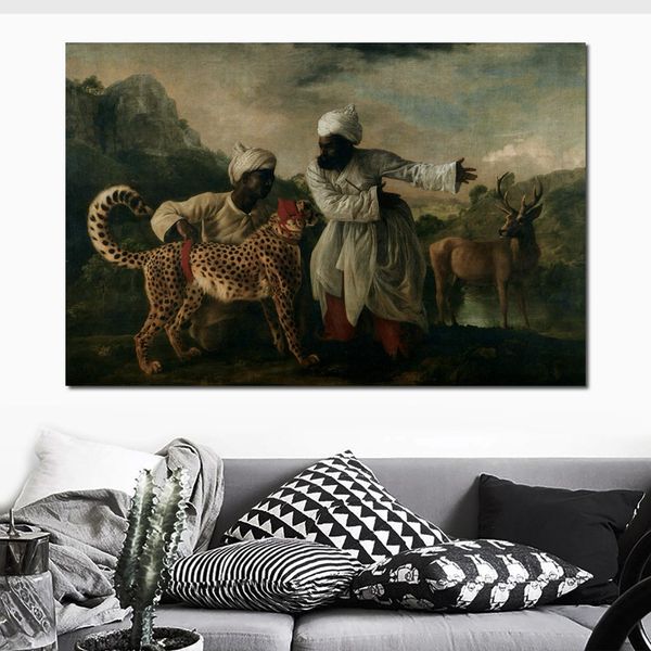 Guépard avec deux serviteurs indiens et un cerf réaliste fait à la main toile Art George Stubbs peinture chevaux moderne chambre décor