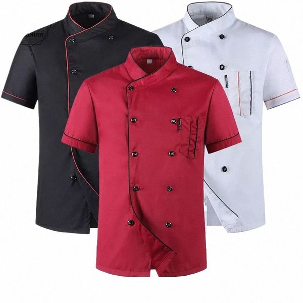 Chef chaqueta de manga corta verano restaurante hotel cocina ropa de trabajo hombres y mujeres jóvenes transpirable fino al por mayor uniforme de chef a6x3 #