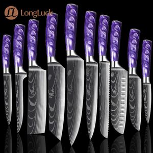 Ensemble de couteaux de Chef 1-10 pièces nouveau manche en résine violette en acier inoxydable motif damas cuisine antiadhésive Santoku couperet couteau à désosser