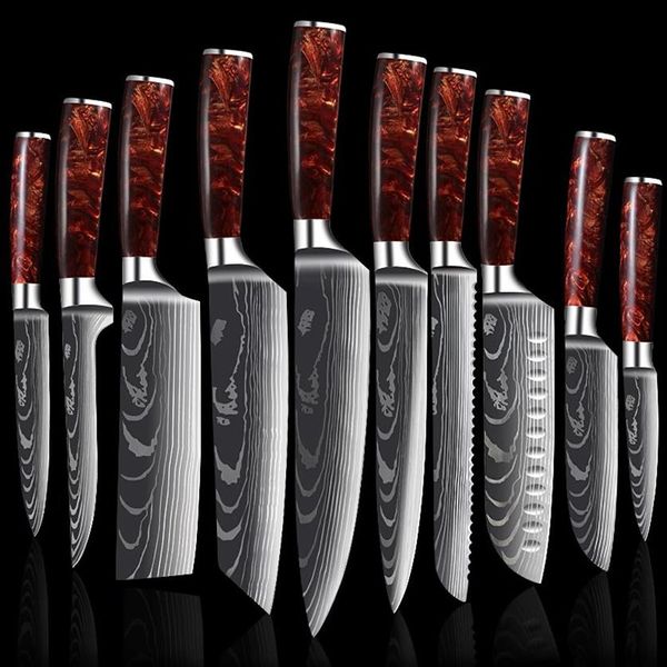 Chef LNIFE Set Laser EAMASCUS Couverts de cuisine japonais Accessoires Professionnel Sharp Cleaver Steak Santoku Utilitty Slicing Coo281u