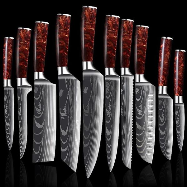 Chef LNIFE Set Laser EAMASCUS Couverts de cuisine japonais Accessoires Professionnel Sharp Cleaver Steak Santoku Utilitty Slicing Coo2652