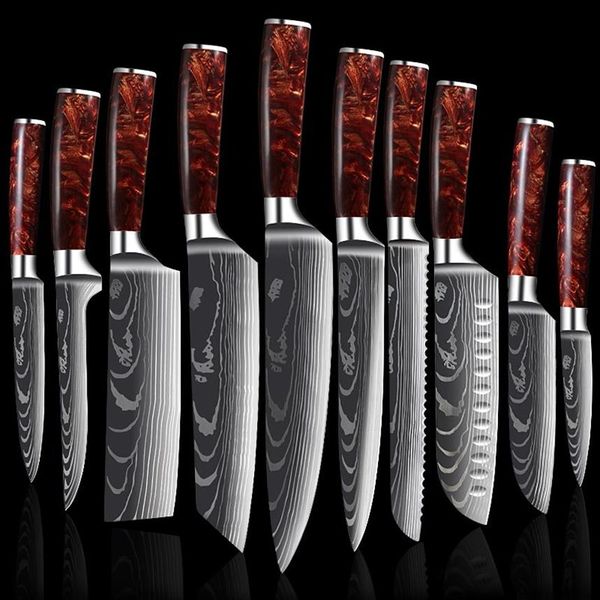 Chef LNIFE Set Laser EAMASCUS Couverts de cuisine japonais Accessoires Professionnel Sharp Cleaver Steak Santoku Utilitty Slicing Coo218N