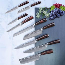 Chef LNIFE Ensemble Profession Couteaux de Cuisine Japonais Laser EAMASCUS Motif Sharp Santoku Cleaver Tranchage Utilitaire Couteaux à Désosser Cooki279H