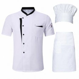 Chef Shirt Hat Apr Hôtel Cuisine Chef Uniforme Set 3pcs Unisexe Apr Chapeau Stand Col Chemise À Manches Courtes Restaurant Cuisine K2Ji #