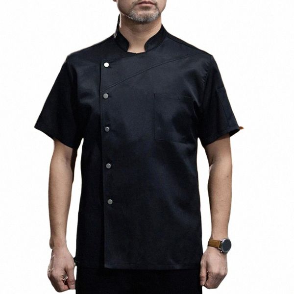 Chef Uniforme Collar de pie Bolsillo de parche de un solo pecho Manga corta Resistente al desgaste Transpirable Cocinero Panadería Restaurante Restaurante Kicth l9iP #