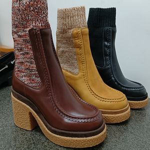 Chelsea Enkellaarzen voor dames Luxe Designer Koeienhuid Mode Breien elasticiteit Gemengde Kleuren sokken schoenen dikke hak dikke zool Half Boot 35-42