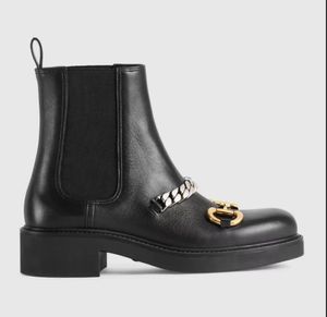 Bota Chelsea, botines Martin, botines de lujo para mujer con cadena, tono dorado, piel negra