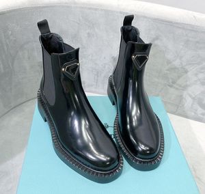 Chelsea Boots Chunky Boot Femmes Chaussures d'hiver PU Cuir Bottines Noir Femme Automne Mode Plateforme Designer Triangle luxe