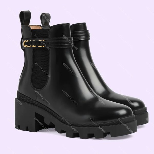 Botas Chelsea Zapatos de diseñador famosos Tacones de plataforma Botines de tobillo Hebilla de metal dorado Piel de vaca de calidad Banda elástica Tamaño de zapato para mujer 35-42 9 cm Bota de combate de tacón alto