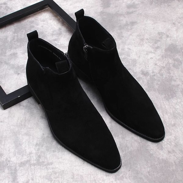 Chelsea bottes en cuir véritable bottes hommes chaussures vache daim bottines noir fermeture éclair mâle Style britannique sans lacet hiver printemps