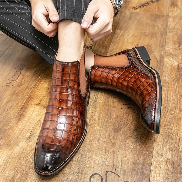 Chelsea Boots Hommes Chaussures Martin Boot Couleur Unie Classique En Cuir Affaires Décontracté Mode All-match Motif Crocodile Bottines à Un Pied Grande Taille 38-45