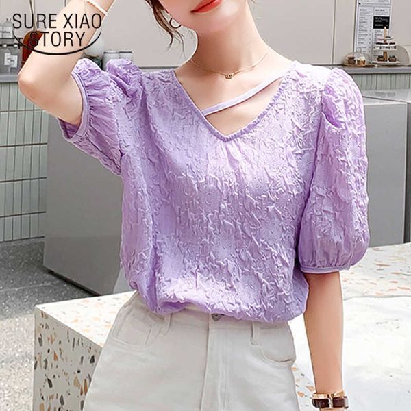 Chemisier Femme, camisa de gasa con cuello en V y manga abullonada de verano para mujer, camisa pequeña de diseño que combina con todo, Top holgado 10057 210527