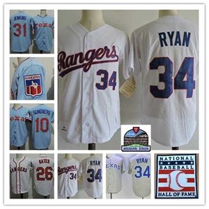 Chen37 Mens Baseball 34 Nolan Ryan Jersey Vintage Cousu blanc bleu 31 Fergie Jenkins 26 Johnny Oates 10 Jim Sundberg Maillots S-3XL