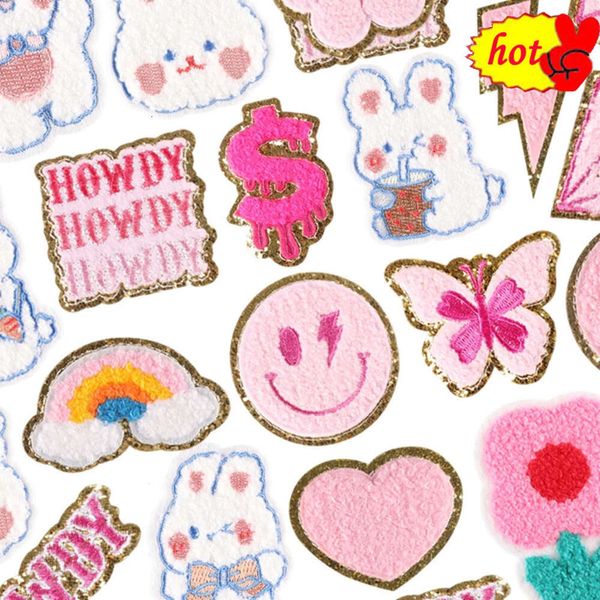 Parches de chenilla de Anime para planchar para ropa, mariposa, corazón, arcoíris, diamante, bonito bordado para coser, insignia de chaqueta sonriente de conejo