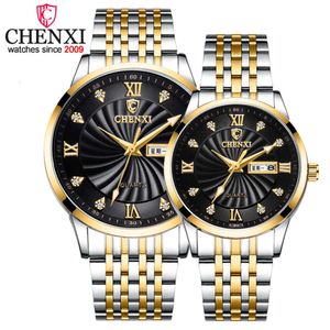 CHENXI 8212A Couple montres marque hommes Quartz horloge pour femmes doré entièrement en acier étanche robe dame montre-bracelet