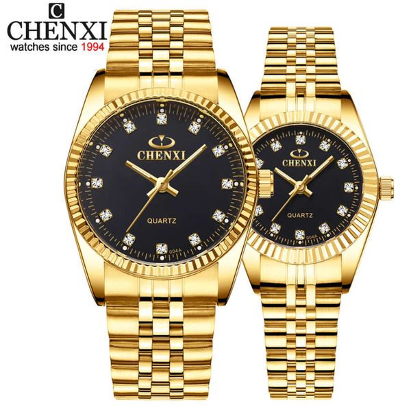 CHENXI Couple doré mode acier inoxydable amoureux montre Quartz montres pour femmes hommes analogique montre-bracelet