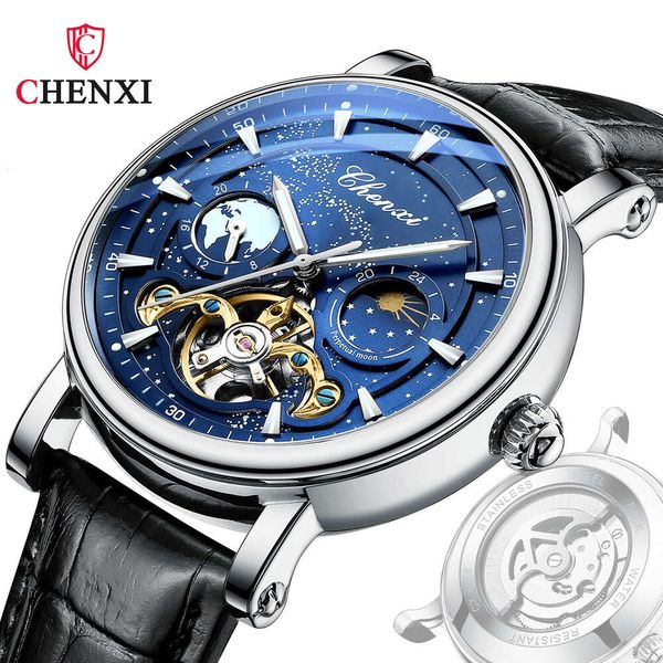 Chenxi Dawn Galaxy Space Hollow Flywheel Reloj mecánico automático para hombre con cinturón de negocios con brillo nocturno dinámico 8872