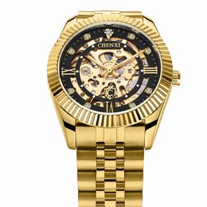 Chenxi Dawn Mens Watch Volledig automatisch mechanisch modieuze gouden holte met diamant door bodem