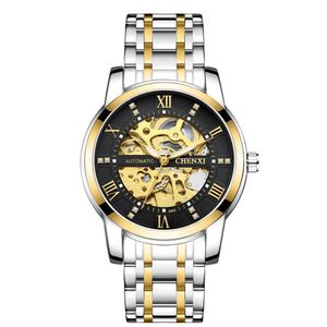 CHENXI Reloj mecánico automático con esfera dorada para hombre, resistente al agua 001, correa de acero inoxidable, reloj de pulsera Tourbillon redondo para hombre