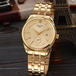 CHENXI montre en or hommes montres Quartz cadran analogique montre-bracelet horloge mâle or montre-bracelet calendrier Stainle montres-bracelets238E