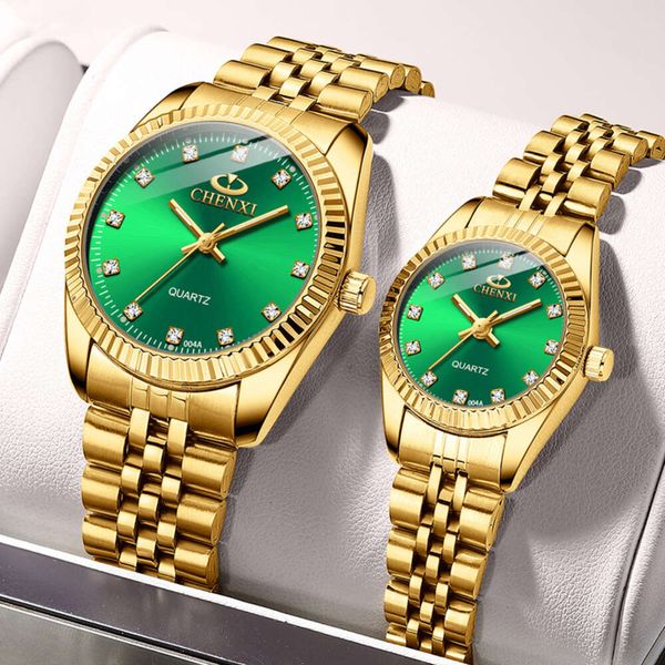 CHENXI Lover Relojes de negocios de acero inoxidable dorado para hombre, reloj clásico resistente al agua para mujer, regalo de pareja con diamantes de imitación