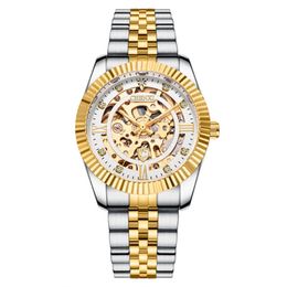 CHENXI Mechanische Automatische Horloges Gouden Bezel Lichtgevende Pointer Skeleton Hollowout Horloge Roestvrij Stalen Gesp Klok voor Mannen