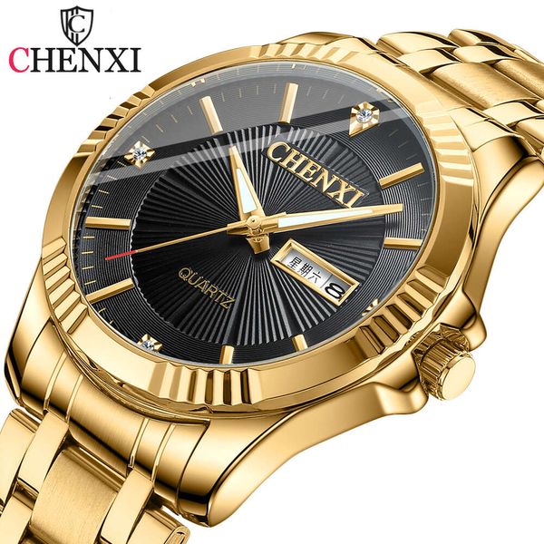 CHENXI hommes femmes montres classique en acier inoxydable montre à Quartz mode doré hommes étanche montre-bracelet d'affaires