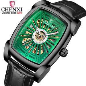 Chenxi Topmerk Business Men Horloges Vierkante wijzerplaat Automatische Lichtgevende Klok Lederen Hollow-Carved Design Mens Polshorloge Relogio Q0524