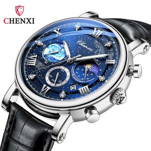 CHENXI montres hommes en cuir affaires montre-bracelet à Quartz décontracté mâle lumineux Phase de lune chronographe montre pour hommes cadeaux