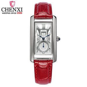 Chenxi dames rood lederen horloges vrouwen mode eenvoudige luxe merk analoge quartz horloge dames kleine verse klassieke polshorloges Q0524