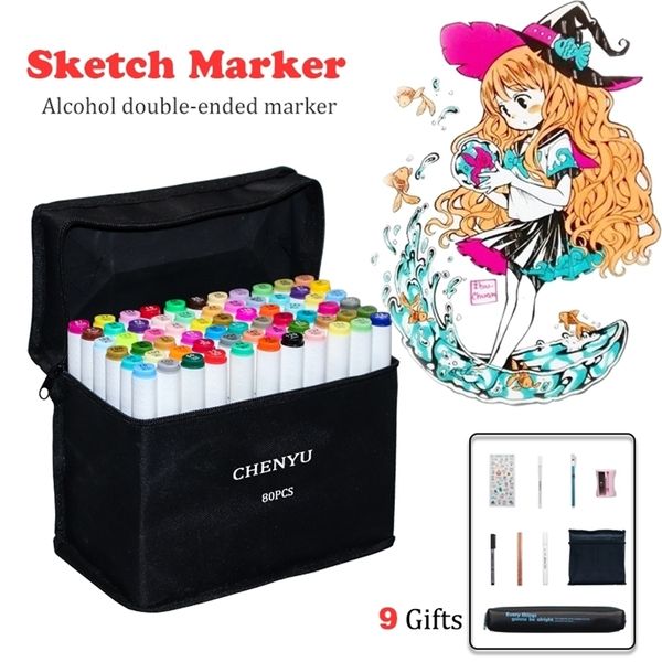 CHENYU 80 colores Alcohol Brush Markers Pen Sketch Art Marker Base de doble cabeza para dibujar Manga Art Supplies Estacionario 9 Regalos 210226
