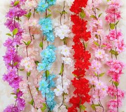 Flores artificiales de cerezo, flor de cerezo, caña de Sakura, vid artificial para decoración de bodas, cadena de flores montada en la pared