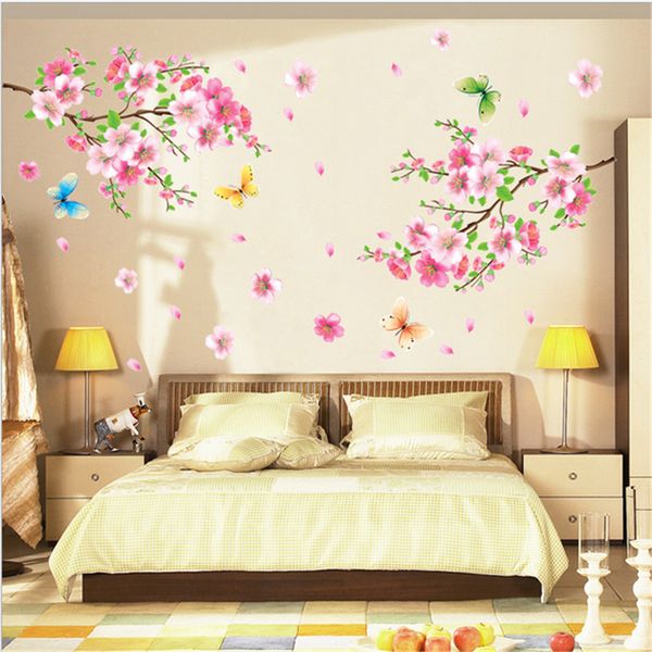 Pegatinas de pared de mariposa y flor de cerezo, calcomanías de pared del dormitorio para sala de estar, decoraciones, póster de murales