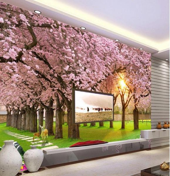 Papier peint mural 3d en forme d'herbe et de fleurs de cerisier, papier peint mural pour télévision, toile de fond 5418282