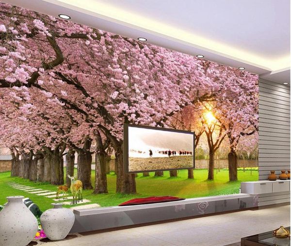 Cherry Blossom Grass Mural Mural TV Mural 3D Fond d'écran 3D Papiers muraux pour TV Backdrop7505764