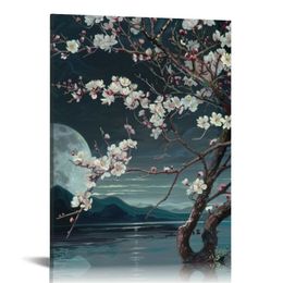 Cherry Blossom Moon Lake Landscape Framed toile Art mural - Asthétique japonaise Impression d'art floral pour le salon, la chambre, la cuisine et le décor de bureau