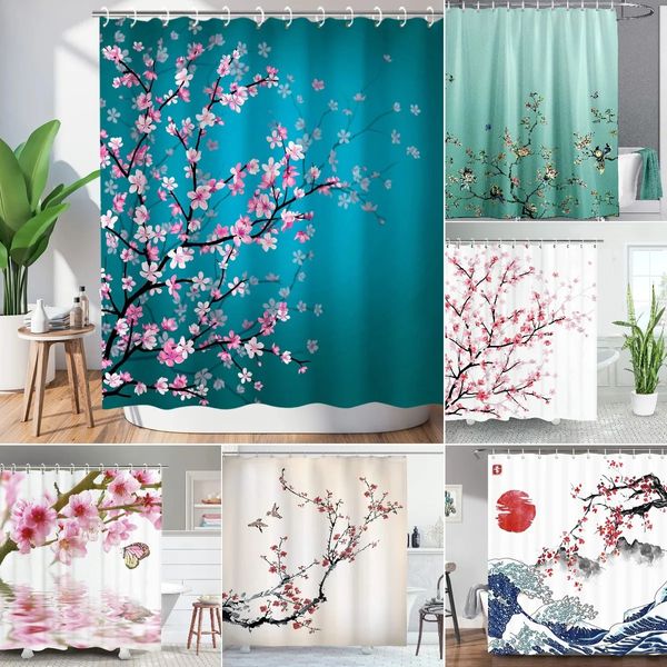 Cortina de ducha de flor de cerezo Cortina de ducha japonesa Floral Sakura Flor de ciruelo Cortinas de ducha de flores Teal Azul y rosa Decoración 240320