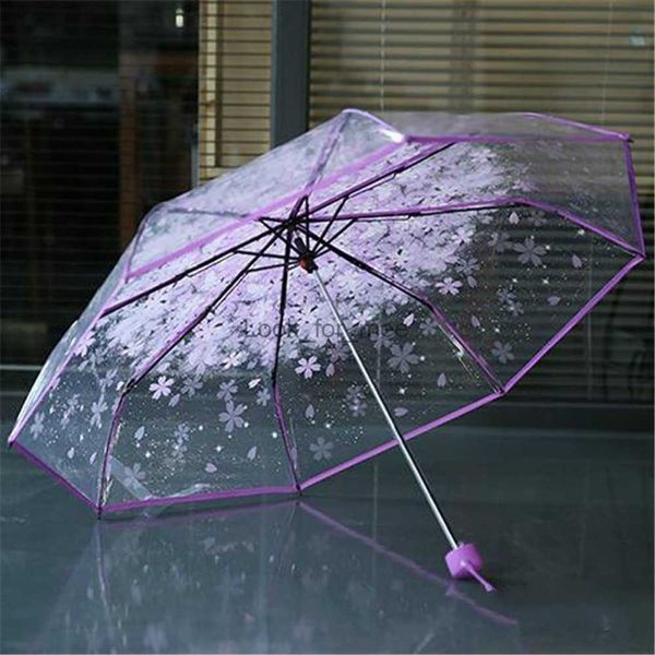 Parapluie transparent Cherry Blossom Corée du Sud petit parapluie amoureux frais épaissi trois fois déesse parapluie créatif HKD230901