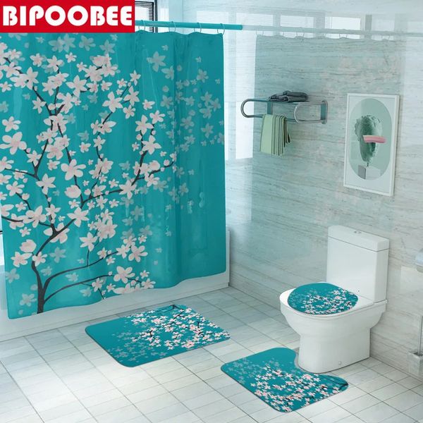 Cortinas de ducha de tela con estampado de flores de cerezo, juego de cortinas de baño, alfombras antideslizantes de flores, alfombra, tapa de inodoro, juegos de alfombrillas de baño 240108