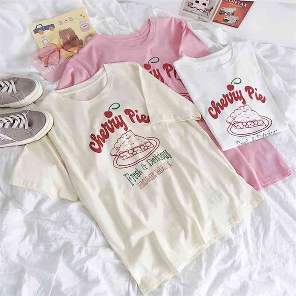 Gâteau aux cerises rose Girly drôle lettre imprimé col rond ample confortable tout match T-shirt à manches courtes 210623
