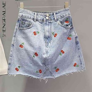 Cherry Embroidery Hoge Taille Rok Dames Zomer Lichtblauw Mini Streetwear Denim Vrouwelijke Tij 5E203 210427