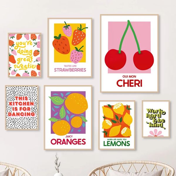 Cereza, limón, naranja, fresa, fruta abstracta, pintura en lienzo, arte de pared, carteles de dibujos animados coloridos nórdicos, impresiones, imágenes de pared para sala de estar, comedor, decoración Wo6