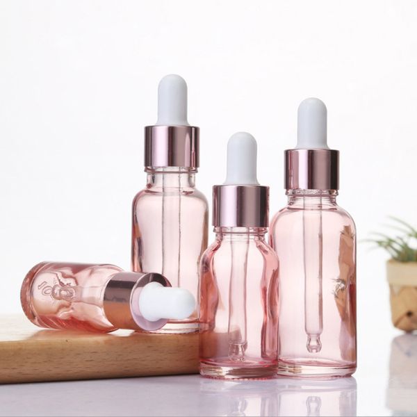 Botella de perfume de aceite esencial de vidrio rosa cereza Botellas cuentagotas de pipeta de reactivo líquido con tapa de oro rosa 10-50ml