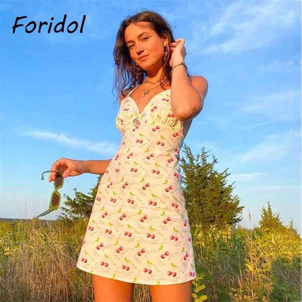 Vestido de playa de verano blanco con estampado de cereza para mujer Correa de espagueti sin respaldo Lace Up Short Mini Vintage Holiday 210427