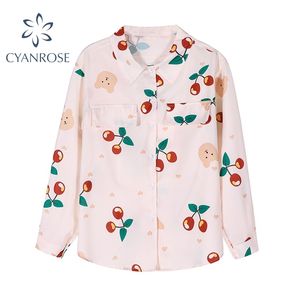 Cherry Print Womens Shirt Vintage Elegante Herfst Koreaanse Lange Mouw Button Up Vrouwelijke Kleren Losse Top Vrouw Blouses Shirts 210417