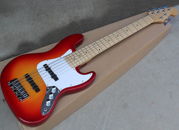 Cherry Sunburst 6 cordes Guitare de basse électrique avec pickguard blanc, touche d'érable avec incrustation de points, matériel chromé